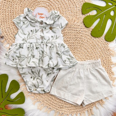 Conj. Body Plantinhas com Gola e Short em Linho - Verde